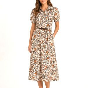 Anthropologie Maeve Brown Floral Print Smocked Button Front Midi Shirt Dress